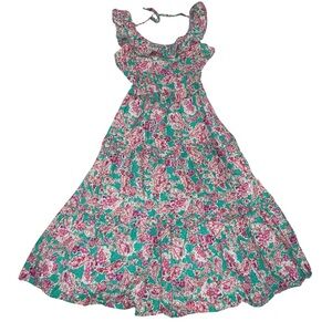 J. Crew Ruffle-Neck Tiered Midi Dress Pink Teal Green Fuchsia Turquoise Size 00